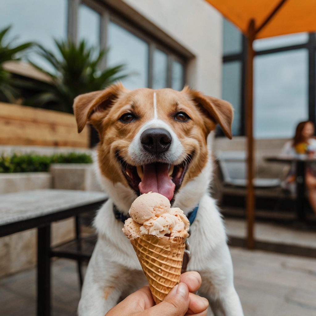 KI Bild auf dem ein Hund glücklich an einem Eis leckt